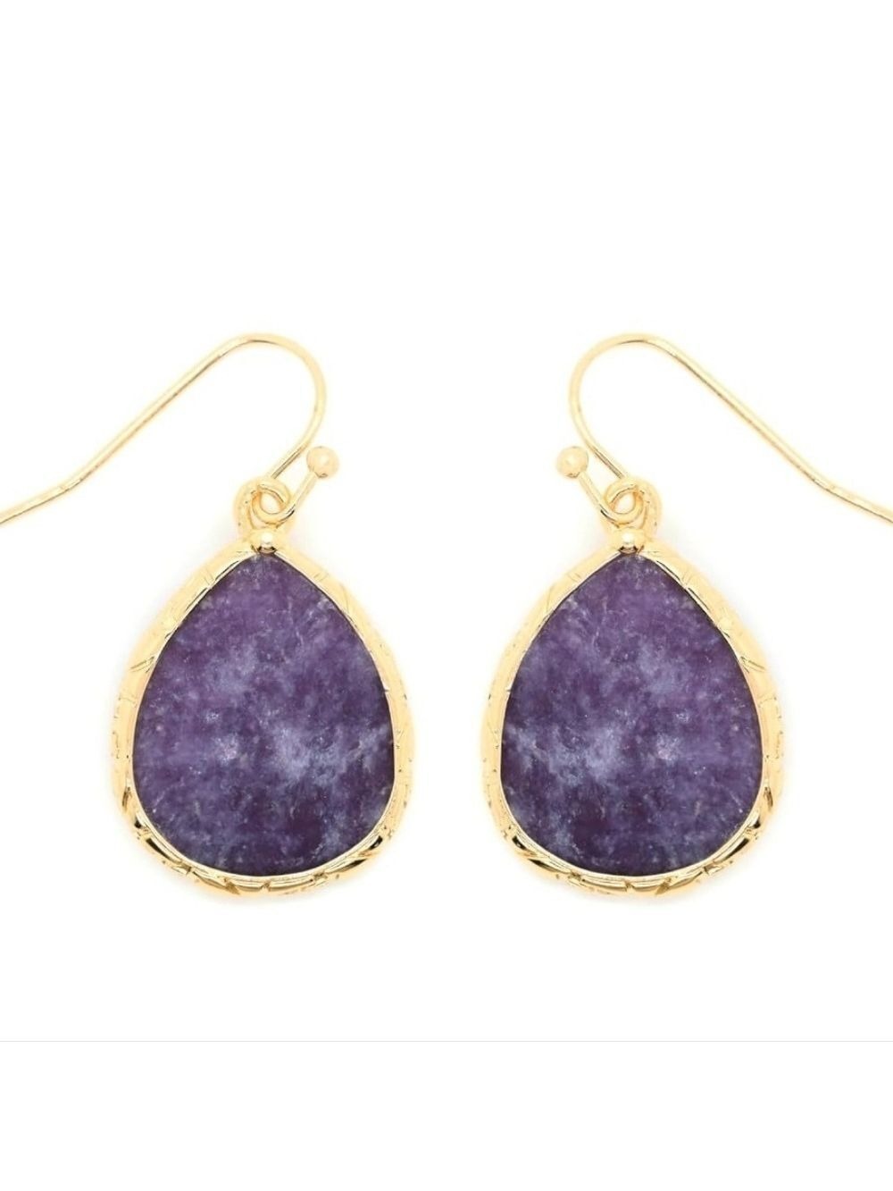 Gold and Purple Teardrop Earrings , Natural Stones And Gold Plated ,New No Tags